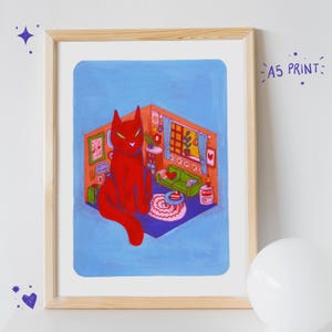 May include: A red cat sits in a small, colourful room with a sofa, a table, and a plant. The room is drawn in a cartoon style with a blue background.