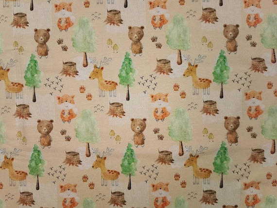 Baumwolljersey Jersey Stoff Waldtiere auf beige