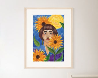 Stampa ad acquerello girasoli - ragazza e fiori