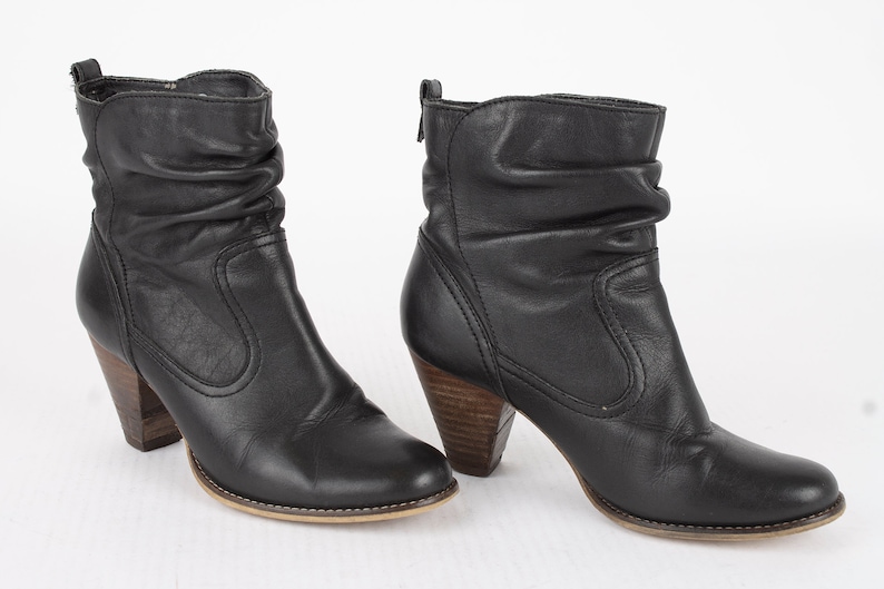 US5-5.5 Vintage Black Leather Ankle Boots Boho Leather Booties Wooden Heel Size EU36 UK3.5-4 US5-5.5