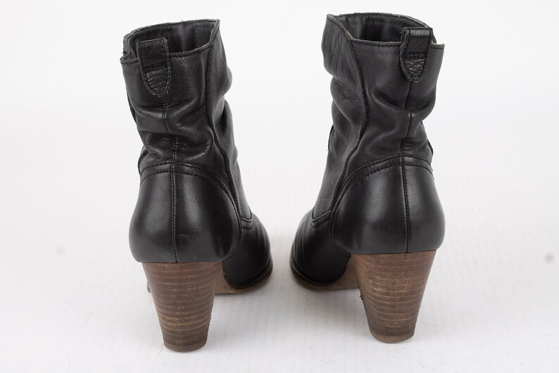 US5-5.5 Vintage Black Leather Ankle Boots Boho Leather Booties Wooden Heel Size EU36 UK3.5-4 US5-5.5