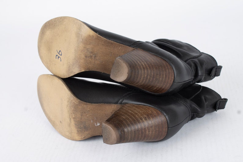US5-5.5 Vintage Black Leather Ankle Boots Boho Leather Booties Wooden Heel Size EU36 UK3.5-4 US5-5.5