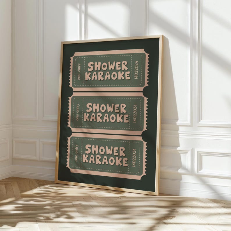 Shower Karaoke Ticket Print, Sage Green Poster, Shower Singing Funny ...