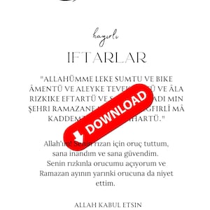 Könnte beinhalten: Eine weiße Grafik mit arabischer Kalligraphie oben, gefolgt vom Wort "hayırlı" in Kursivschrift. Darunter wird das Wort "IFTARLAR" in fetter Schrift angezeigt. Das Bild enthält türkischen Text und einen roten "DOWNLOAD"-Button.