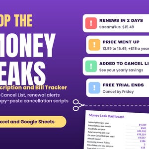 May include: A digital subscription and bill tracker template for Excel and Google Sheets with a purple background. Text reads STOP THE MONEY LEAKS, Subscription and Bill Tracker, and includes notification boxes for renewals, price hikes, and cancellations.