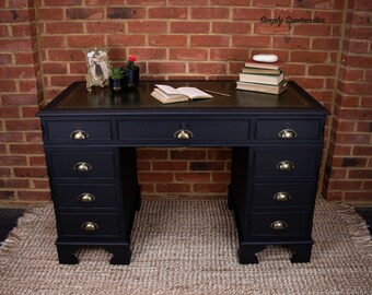 Vintage Black Captains / Pedestal Desk with Reconditioned Original Green Leather Inlay