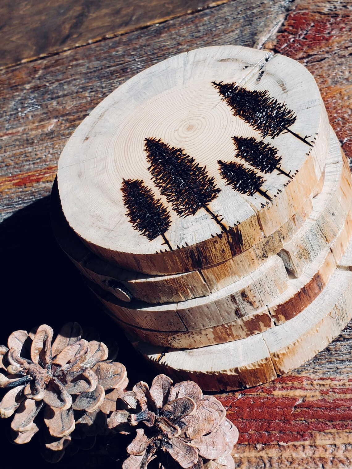 Natural Wooden Coasters Pine Tree Design The Tree Line Set