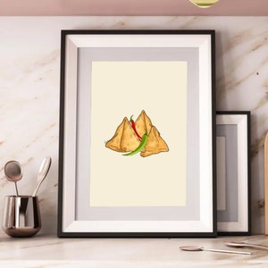 Lámina artística de samosa india: decoración de pared con comida desi moderna (descarga digital)
