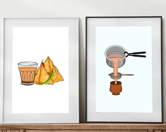 Chai SET of 2 Indian Printable Wall Art | Indian Street Food Art | Samosa Art | South Asian Art | Desi Art | Wall Art | Digital Download