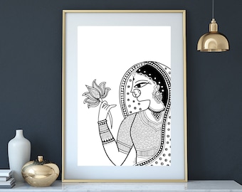Madhubani Kunst Druck: Indische Volkskunst, schwarz weiss (Digitaler Download)