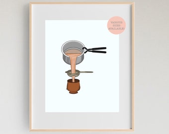 May include: A digital illustration of a pot of tea being poured through a strainer into a cup. The text "VARIOUS SIZES AVAILABLE!" is in a pink circle in the upper right corner of the image.