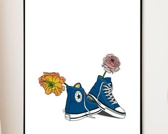 Lámina artística de Converse y flores / Decoración de pared con zapatillas (Descarga digital)