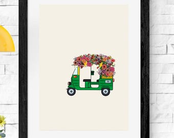 Indian Tuk Tuk Art Print: Floral Auto Rickshaw Poster (Digital Download)