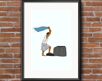May include: A man in a white shirt and blue pants is standing on a rock and holding a blue cloth above his head. The cloth is billowing in the wind.