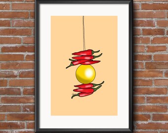 May include: A framed illustration of a yellow sphere hanging from a string with red chili peppers stacked on top of it.