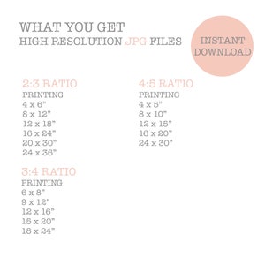 May include: Printable digital download of high-resolution JPG files for printing photos in 2:3, 3:4, and 4:5 aspect ratios. The image shows the different print sizes available for each ratio, including 4x6 inches, 8x12 inches, 12x18 inches, 16x24 inches, 20x30 inches, 24x36 inches, 6x8 inches, 9x12 inches, 12x16 inches, 15x20 inches, 18x24 inches, 4x5 inches, 8x10 inches, 12x15 inches, 16x20 inches, and 24x30 inches.
