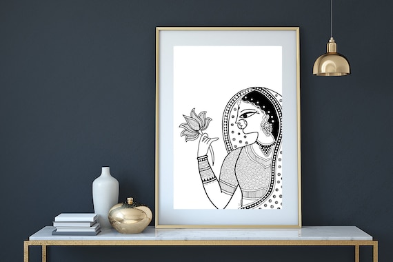 Madhubani Art Print: Indian Folk Art, Black and White (Digital Download)
