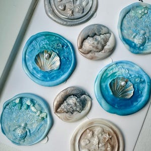 Set mit 8 Ozean inspirierten Wachssiegeln, 3D-Wachssiegeln, Strandwachssiegel, Aufkleber, Einladungen, Muschelsiegel, Perlensiegel, Journaling-Aufkleber
