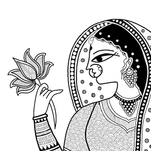 May include: Black and white line art illustration of a woman wearing a traditional Indian outfit and holding a lotus flower. The woman's face is detailed with intricate patterns and her hair is styled in a bun. The illustration is done in a minimalist style.