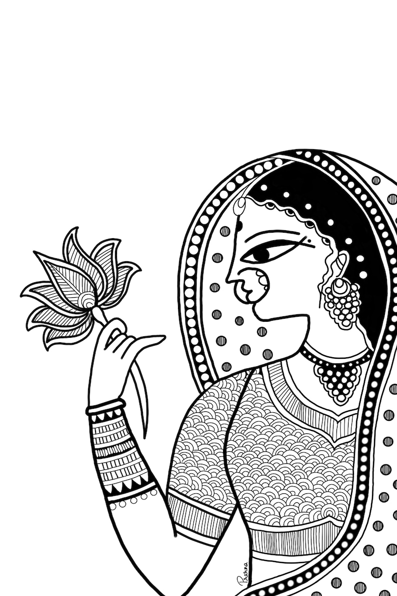May include: Black and white line art illustration of a woman wearing a traditional Indian outfit and holding a lotus flower. The woman's face is detailed with intricate patterns and her hair is styled in a bun. The illustration is done in a minimalist style.