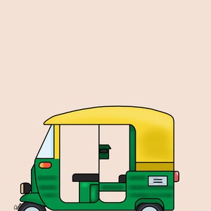 May include: A green and yellow auto rickshaw, also known as a tuk-tuk, is a three-wheeled vehicle commonly used for transportation in India and other parts of Asia.