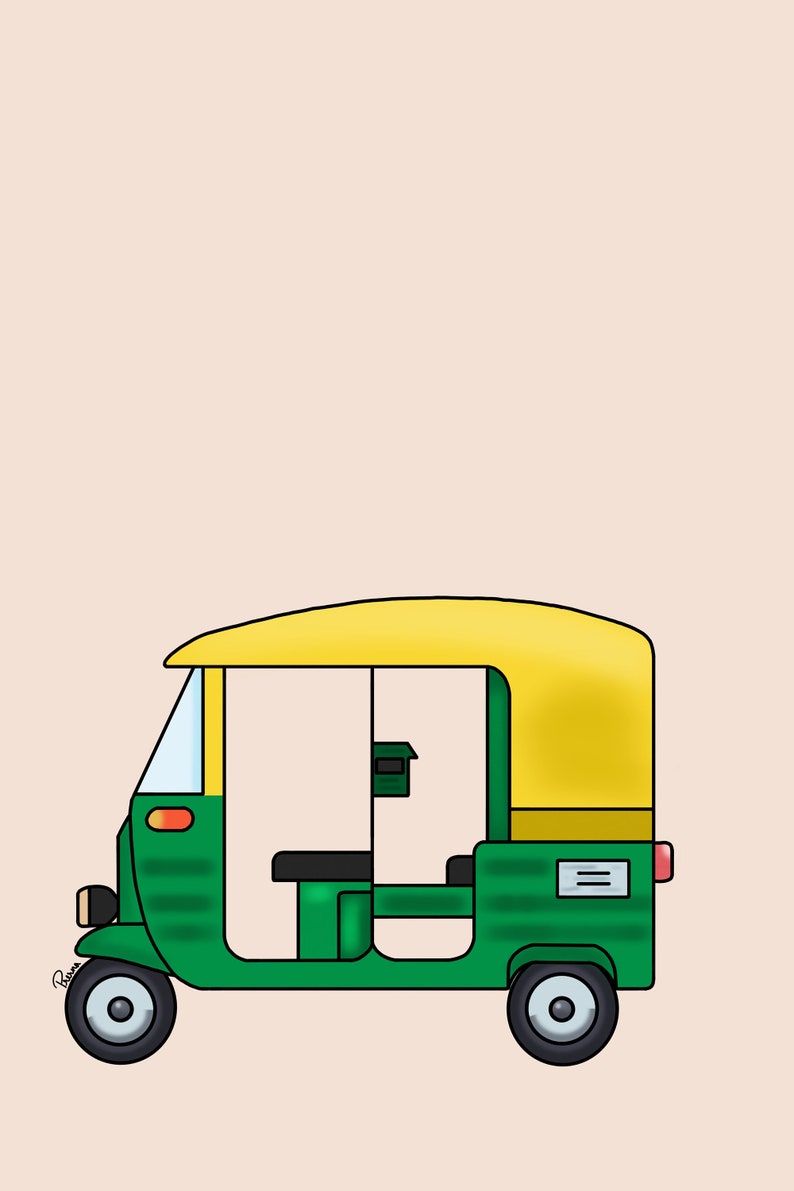 May include: A green and yellow auto rickshaw, also known as a tuk-tuk, is a three-wheeled vehicle commonly used for transportation in India and other parts of Asia.