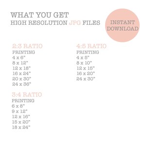 May include: Printable digital download of high-resolution JPG files for printing photos in 2:3, 3:4, and 4:5 aspect ratios.  The image shows the different sizes available for each ratio, including 4x6 inches, 8x12 inches, 12x18 inches, 16x24 inches, 20x30 inches, 24x36 inches, 6x8 inches, 9x12 inches, 12x16 inches, 15x20 inches, 18x24 inches, 4x5 inches, 8x10 inches, 12x15 inches, 16x20 inches, and 24x30 inches.