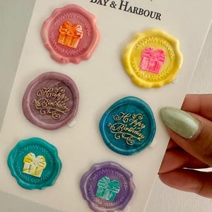Set aus 6 Geburtstags-Siegeln, 3D-Wachssiegeln, Geschenk-Wachssiegel, Feier-Wachssiegel, Party-Wachssiegel, Aufkleber, selbstklebend, Journaling Aufkleber