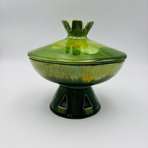Vintage Haeger 707-S Footed Compote Candy Dish Atomic Green Stipple LID is as-is