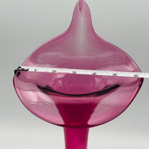 Puede incluir: Un jarr&oacute;n de vidrio rosa oscuro con una abertura ancha y acampanada y un cuello largo y estrecho. El jarr&oacute;n tiene aproximadamente 15 cm de ancho en la abertura.