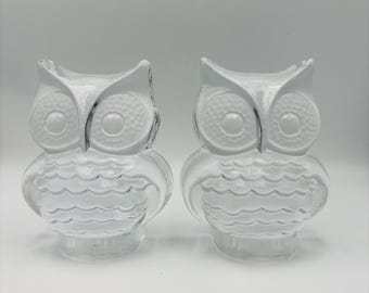 Vintage Viking Glass Art Glass Owl Paperweights Bookends Clear with Sticker Pair