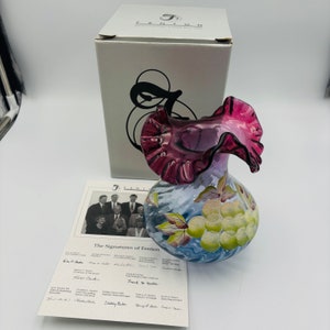 Fenton Family Signature Series Mulberry Vase Crimped Edges Grapes Frits Signed