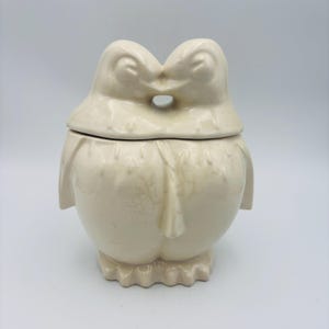 Vintage McCoy Pottery koekjespot uit de jaren 1940 met verliefde vogels en kussende pinguïns, 21,5 cm (8,5 inch), VS