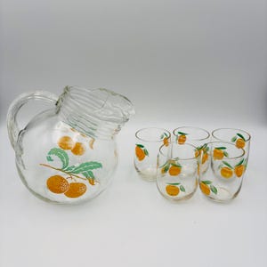Vintage Anchor Hocking Small Ball Pitcher and 5 pcs Juice Drinking Glass Set