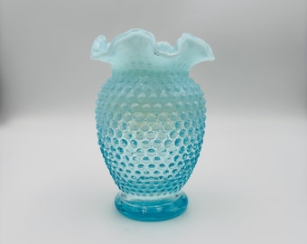 Vintage Fenton Aqua Blue Opalescent Hobnail Vase Ruffled Edge