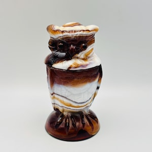 Vintage Imperial Glass Owl Jar Caramel Slag End Of Day Glass Covered Dish