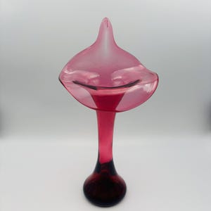 Puede incluir: Un jarr&oacute;n de vidrio rosa con una abertura ancha y acampanada y un cuello largo y delgado. El jarr&oacute;n tiene un color profundo y rico y un acabado liso y pulido.