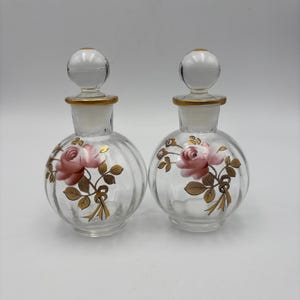 Vintage Set Of Hand Painted Pink Rose Floral Glass Perfume Bottle With Stoppers
