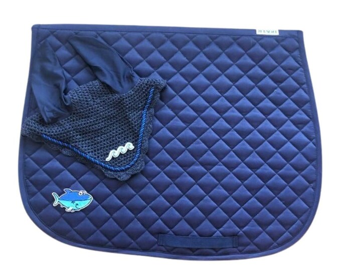 Sharks and Waves Navy Blue Saddle Pad and Bonnet Combo!