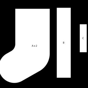 以下が含まれることがあります： A、B、C とラベル付けされた 3 つのピースで構成されるストッキングの縫製パターン。パターンには、A とラベル付けされた 2 つのピース、B とラベル付けされた 1 つのピース、C とラベル付けされた 1 つのピースが含まれています。