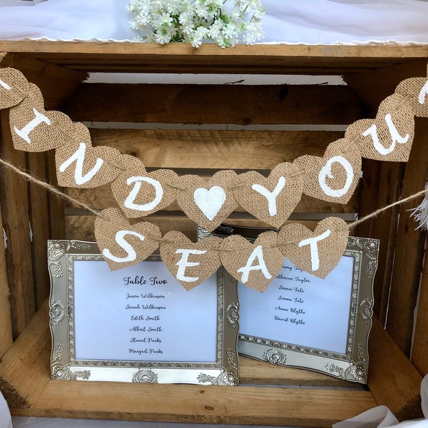 Find Your Seat wedding sign Mini Hessian Seating Plan Heart Bunting Hand Painted Banner