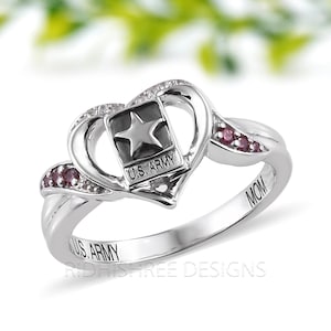 Red Garnet with Diamond U.S. Army Custom Ring | Silver Military Tribute Ring | Personalized Veteran or Soldier Gift | Army Graduation Ring