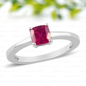 Natural Ruby Solitaire Ring in Sterling Silver | Cushion Cut Red Ruby Engagement Ring | July Birthstone Jewelry | Gift for Her or Girlfriend