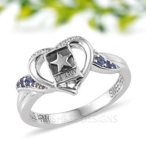 Blue Sapphire with Diamond U.S. Army Personalized Ring | Custom Military Ring | Veteran, Soldier, or Graduation | Engraved Army Tribute Ring
