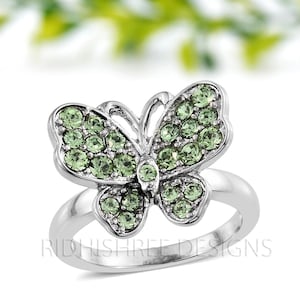 Green Cubic Zirconia Butterfly Love Ring | 925 Sterling Silver Dainty Nature-Inspired Ring | Gift for Girlfriend or Teen | Butterfly Ring