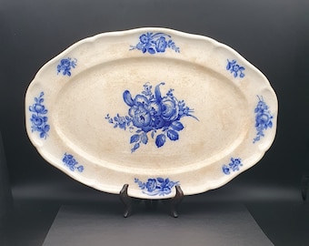 Large old oval dish VILLEROY & BOCH 1897 Mettlach - blue floral decoration - earthenware #terredefer #ironstone #platancien #madeinsaar