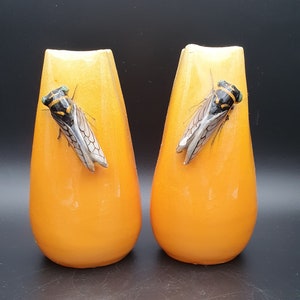 2x Antique Mini Vases J.M.F. MASSIER 1950 Vallauris soliflores cicada slip #210301