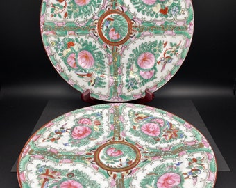 MACAU Assiettes deco x2 -1965  Porcelaine chinoise Pivoine Or Vert Rose Diam 26cm #240045