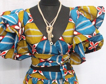 Handmade Ankara Ladies Ruffle Wrap Top & Floor Length Skirt Set/Coord