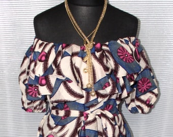 Handmade Ankara Off-Shoulder Dress with Ruffles & Pockets - UK 14
